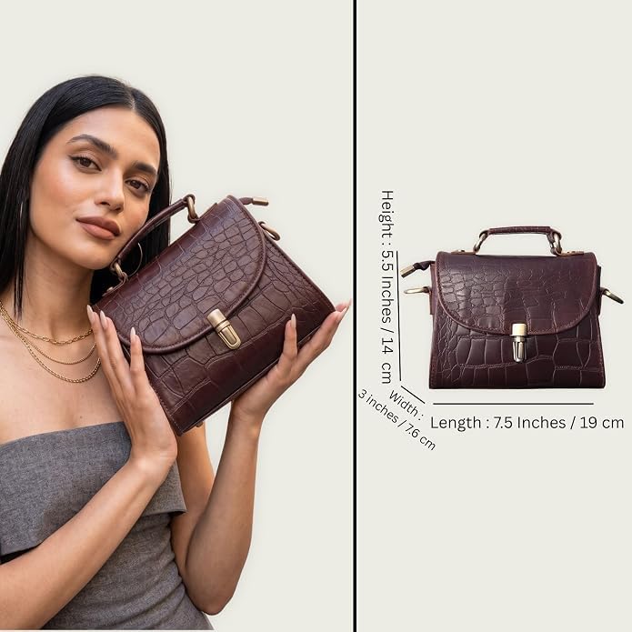 Genuine Leather Crocodile Embossed Crossbody Bag Brown V97401