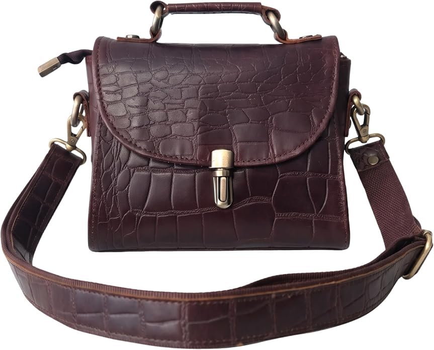 Genuine Leather Crocodile Embossed Crossbody Bag Brown V97401