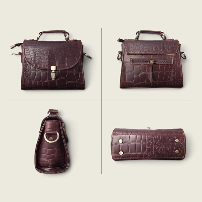 Genuine Leather Crocodile Embossed Crossbody Bag Brown V97401