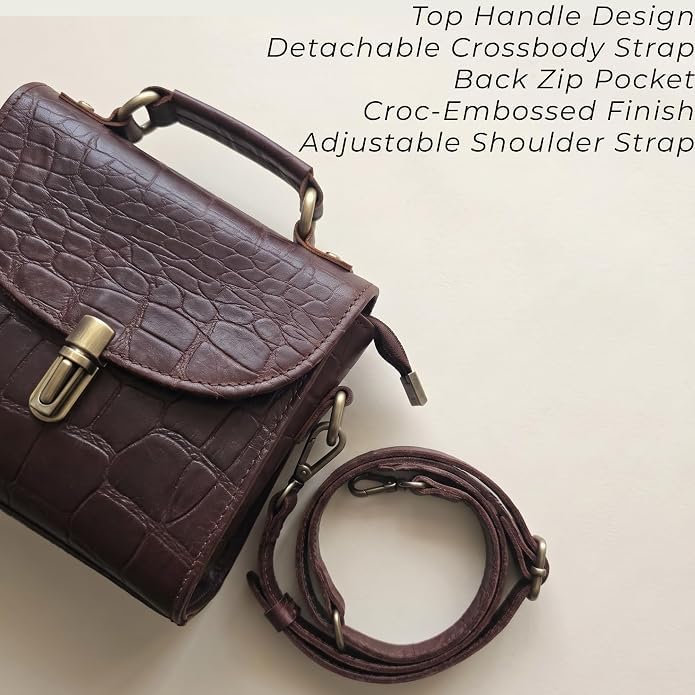 Genuine Leather Crocodile Embossed Crossbody Bag Brown V97401