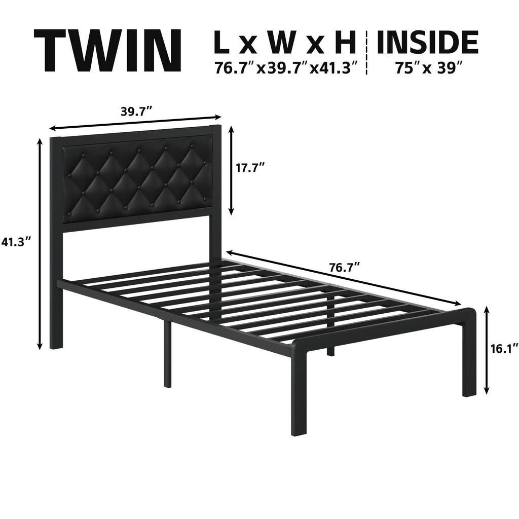 Black PU Leather Upholstered Twin Bed Frame with Headboard I17804