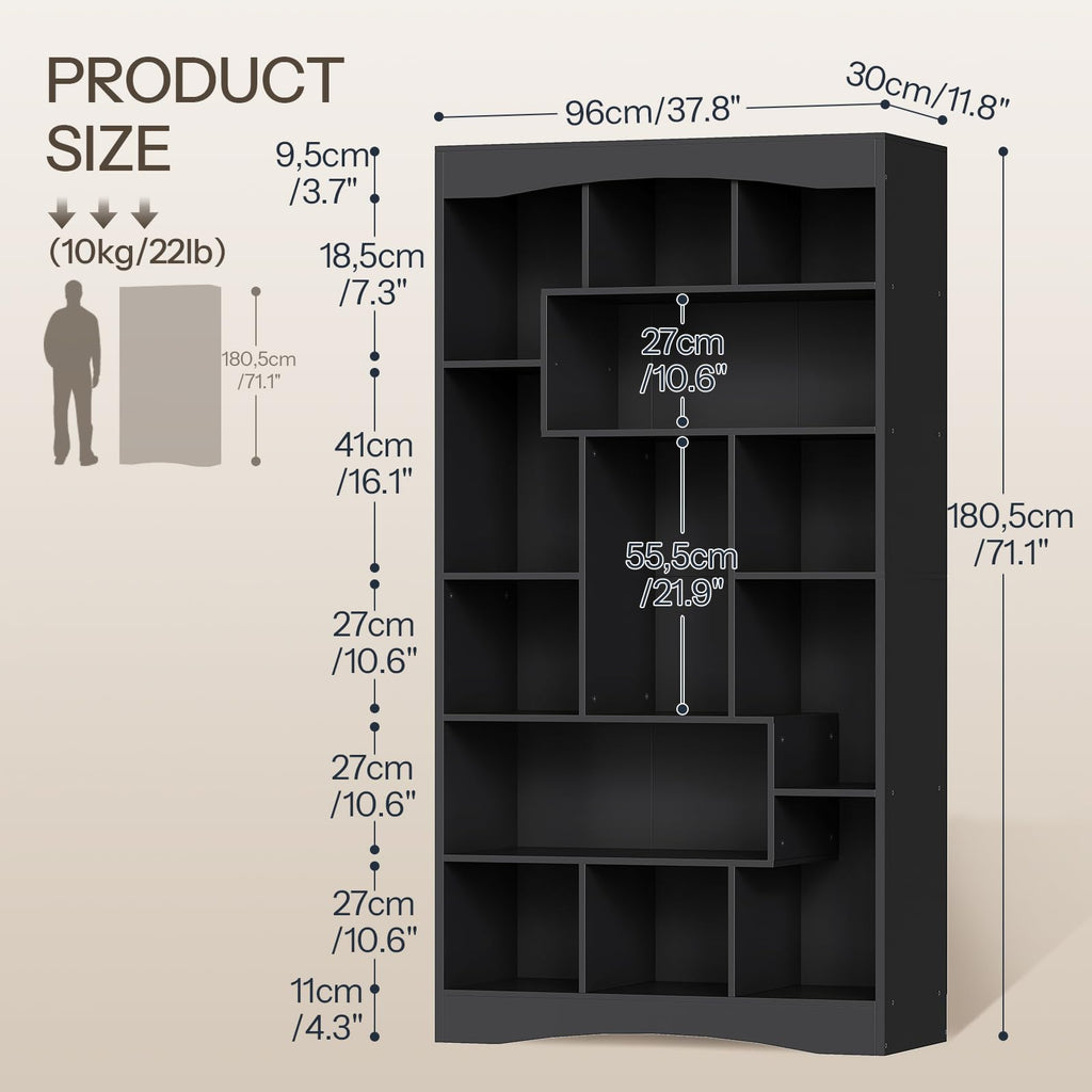 6-Tier Black Bookshelf with Open Shelves T10646
