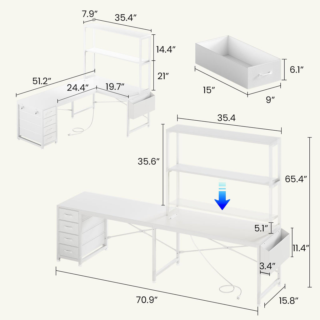 L Shaped Corner Desk with 4 Drawer, Power Outlet & LED Lights, White L91417