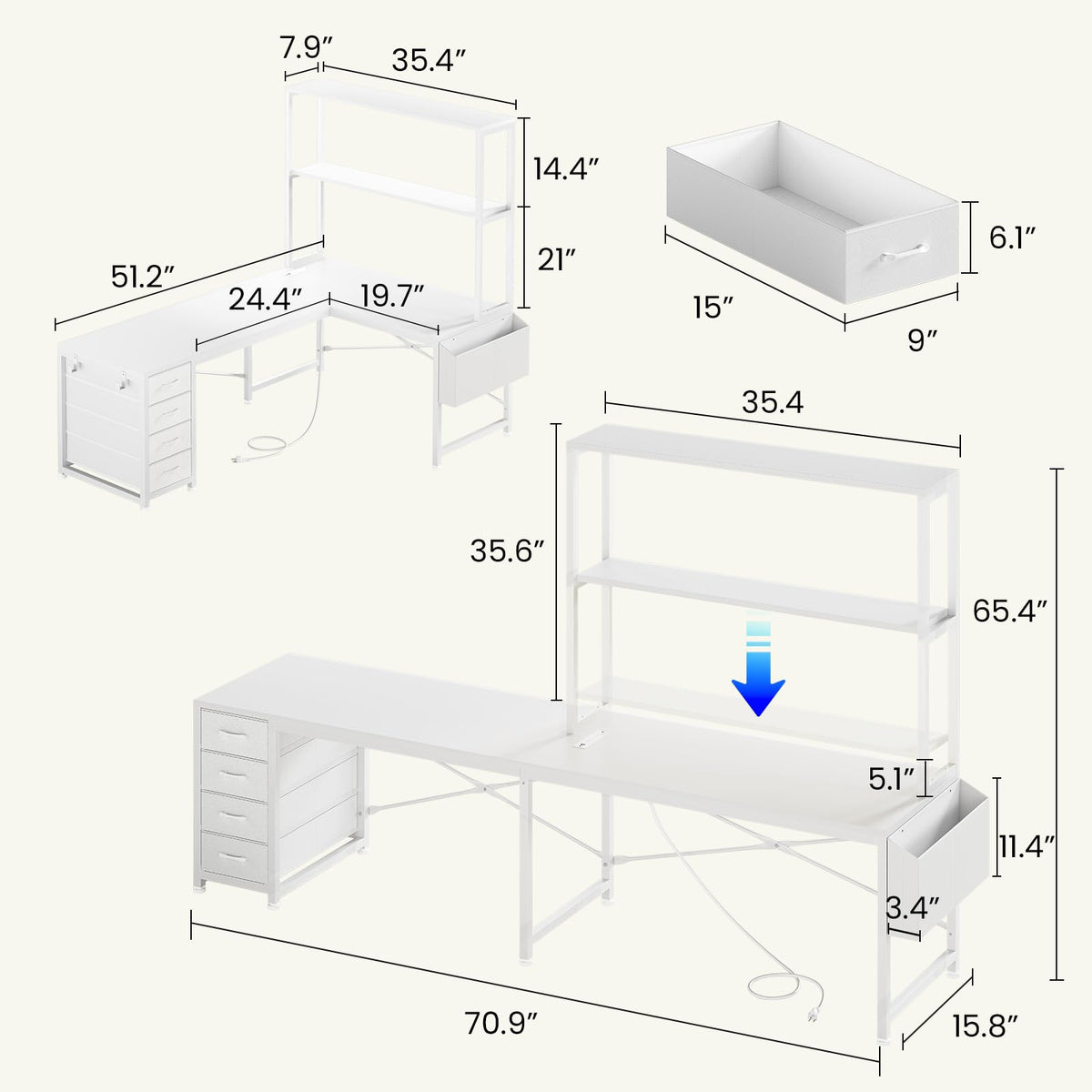 L Shaped Corner Desk with 4 Drawer, Power Outlet & LED Lights, White L91417