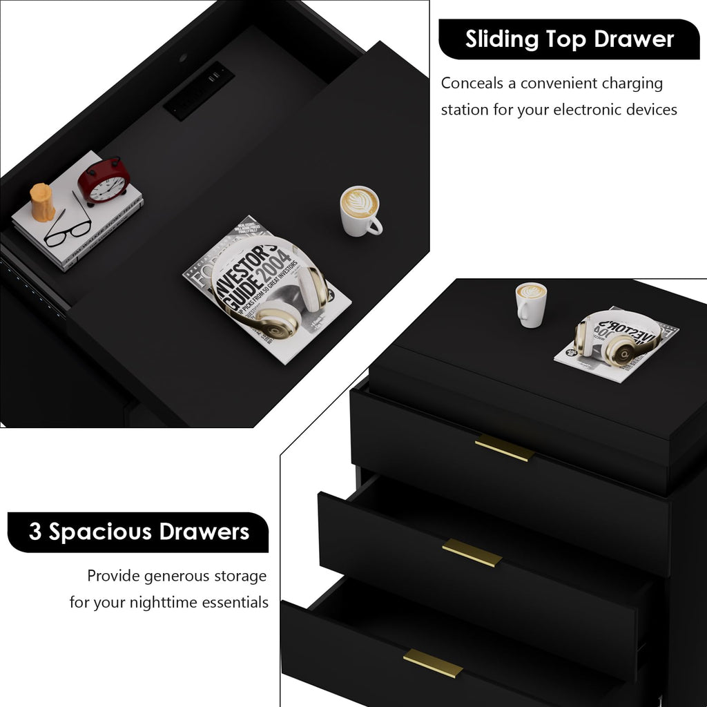 Black Nightstand with Charging Station and LED Lights Q6573