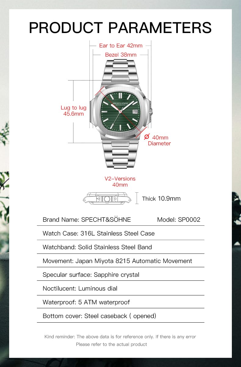 Mens Mechanical Watch Automatic Sapphire Crystal 40MM D981