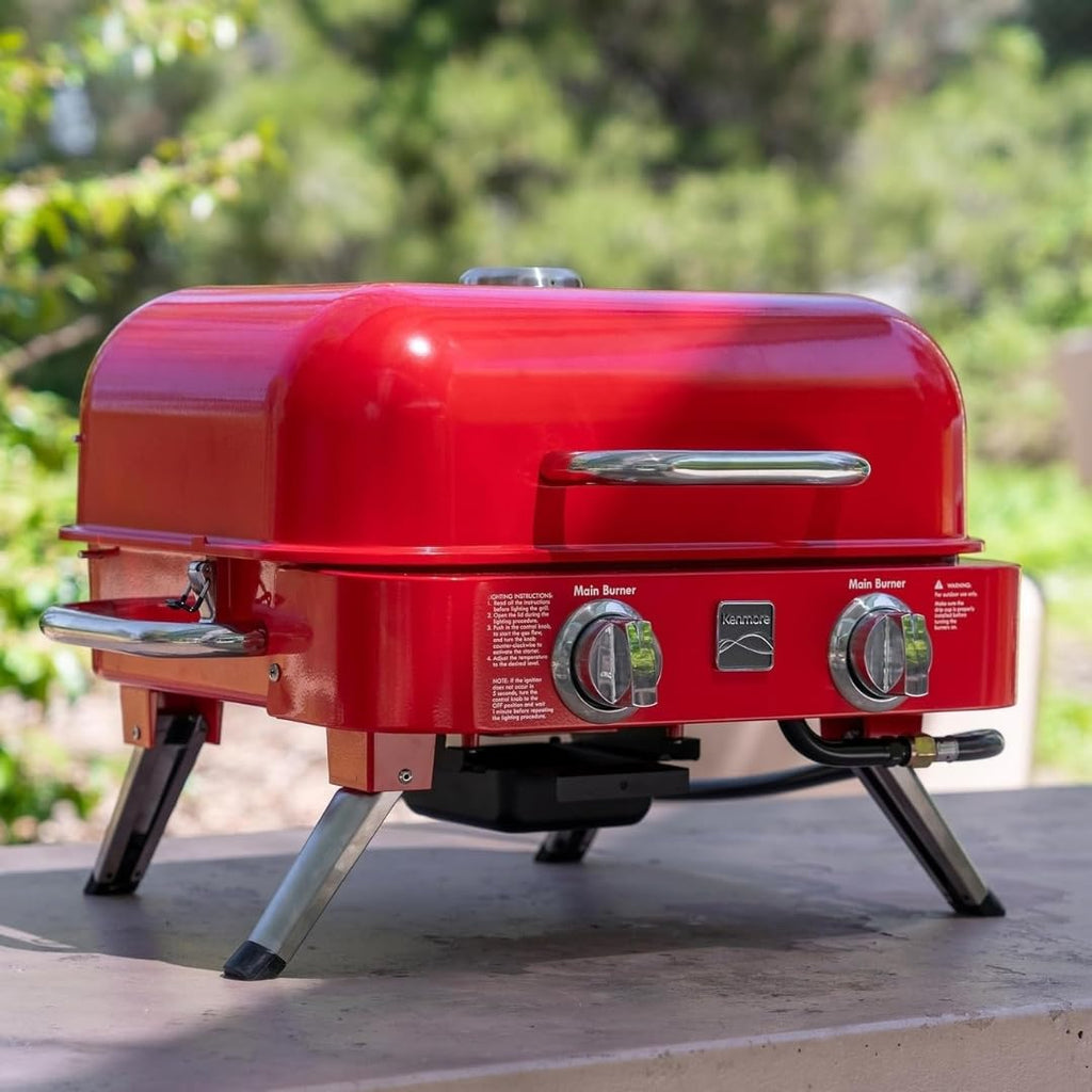 Portable Propane Gas Grill with Warming Rack, 2 Stainless Steel Burners, 14,000 BTUs, Red A569