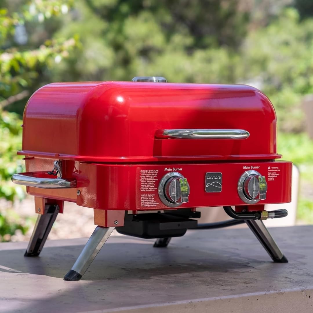 Portable Propane Gas Grill with Warming Rack, 2 Stainless Steel Burners, 14,000 BTUs, Red A569