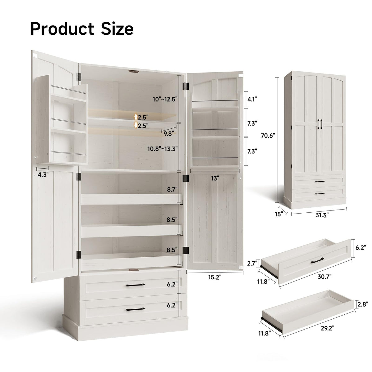 71" Off-White Kitchen Pantry Cabinet with 3 Pull-Out Shelf & 2 Drawer L5150