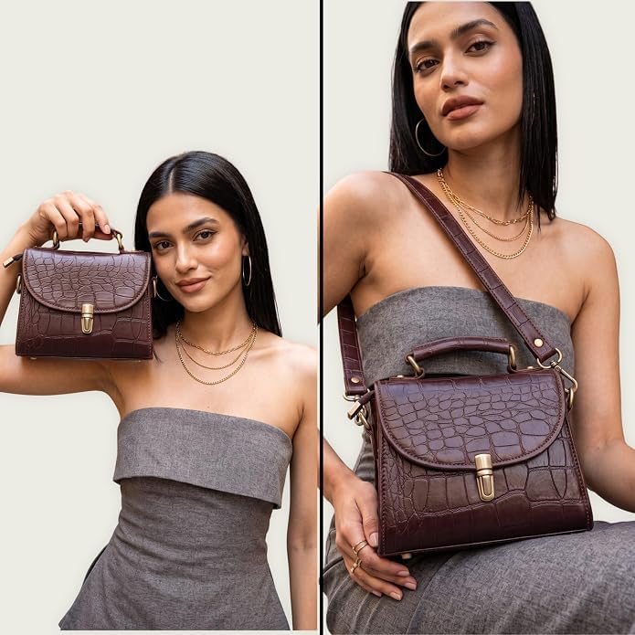 Genuine Leather Crocodile Embossed Crossbody Bag Brown V97401