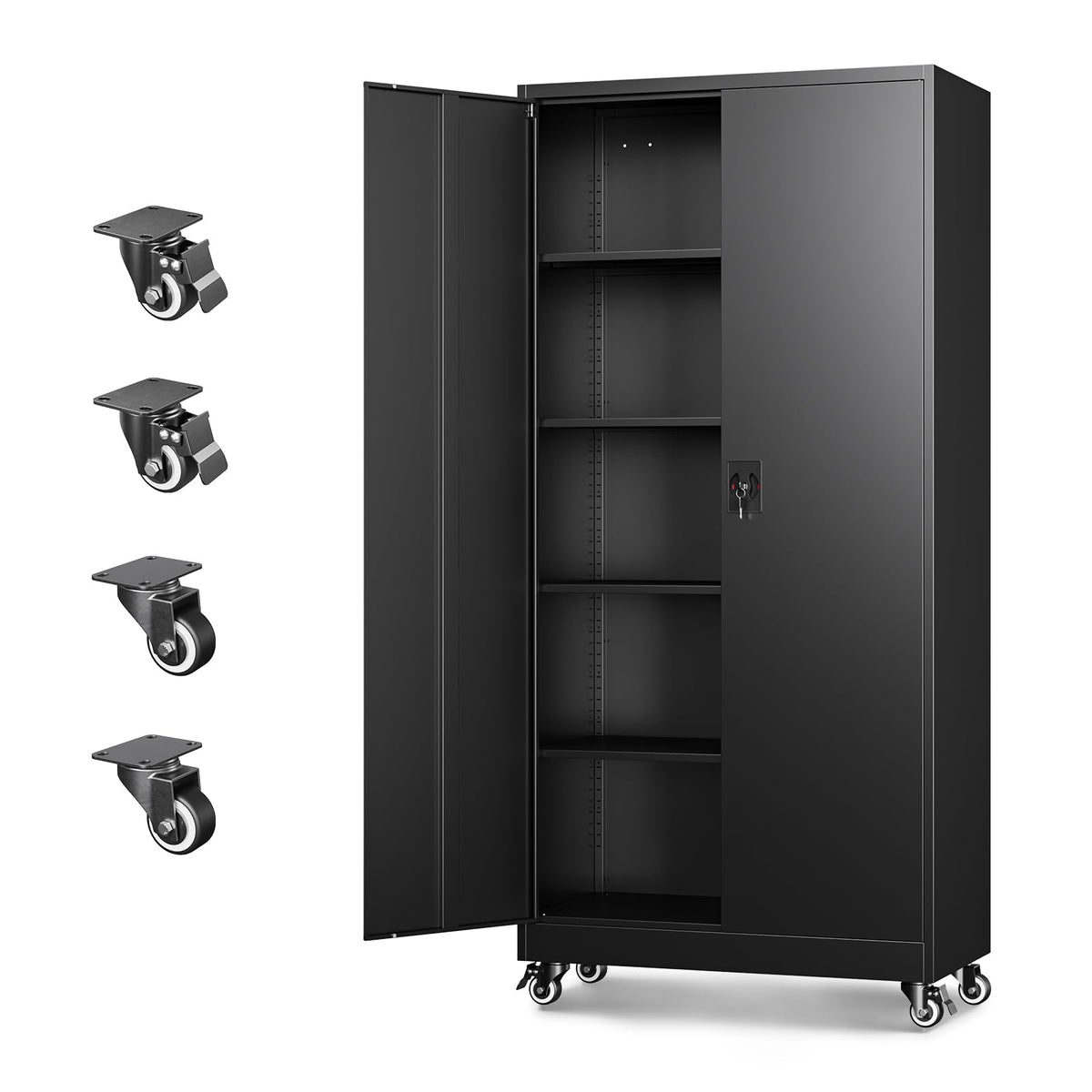 Metal Garage Storage Cabinets with Wheels, Locking Door and Adjustable Shelves (Black, 74.41" H) E7277