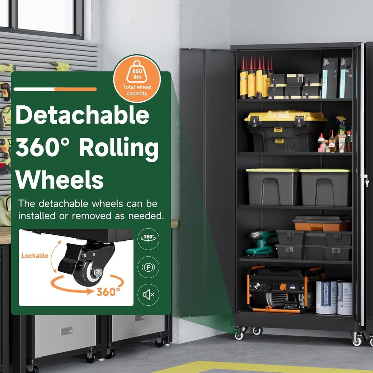 Metal Garage Storage Cabinets with Wheels, Locking Door and Adjustable Shelves (Black, 74.41" H) E7277