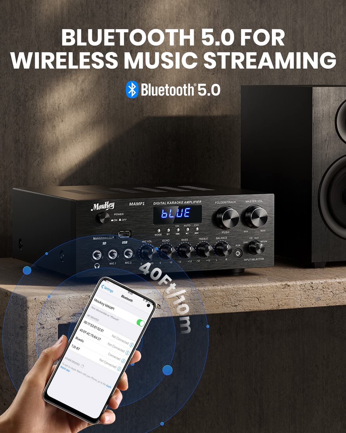 Bluetooth Stereo Receiver Amplifier with USB SD AUX RCA MIC, 400W Peak G16326