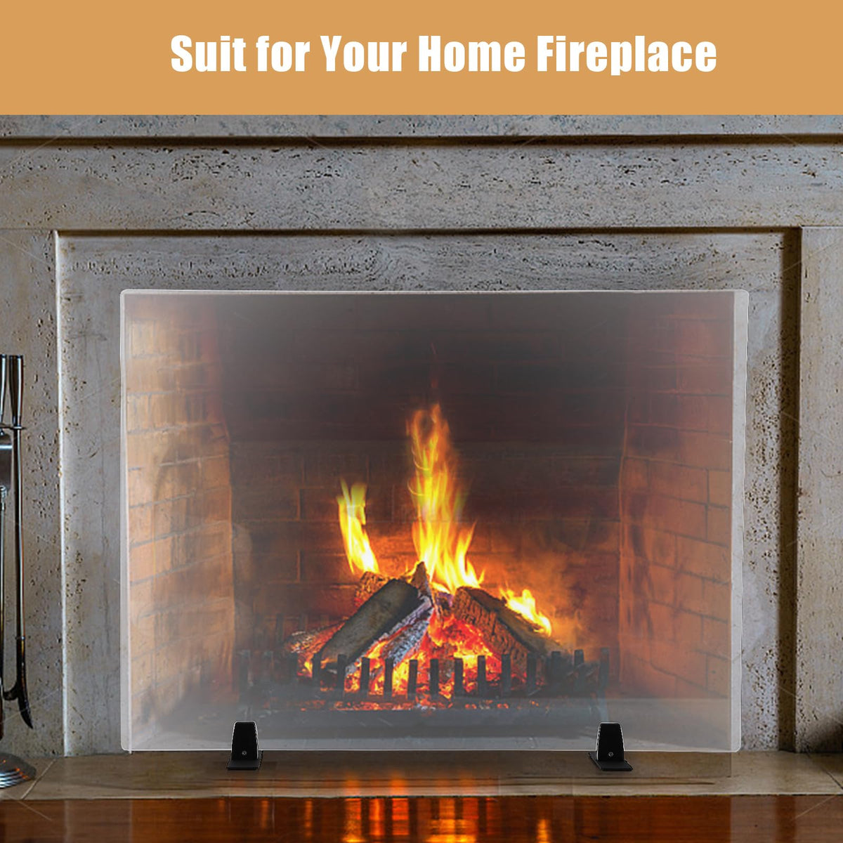 36 Inch Tempered Glass Fireplace Screen with Metal Black Base O414