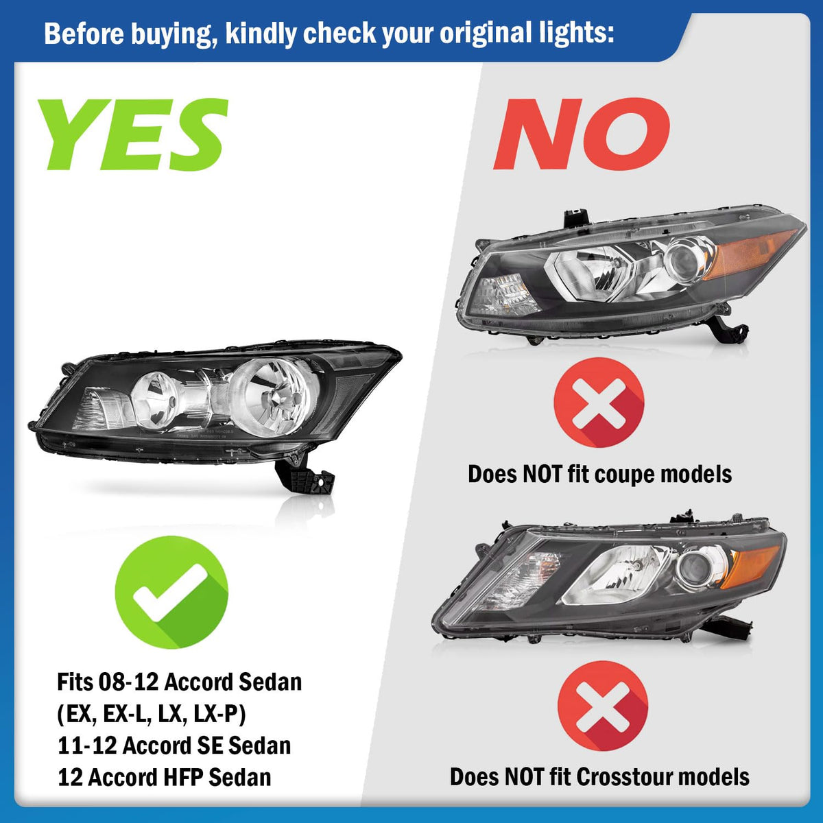 Headlights Assembly for 2008-2012 Honda Accord 4Dr Chrome Housing A5235