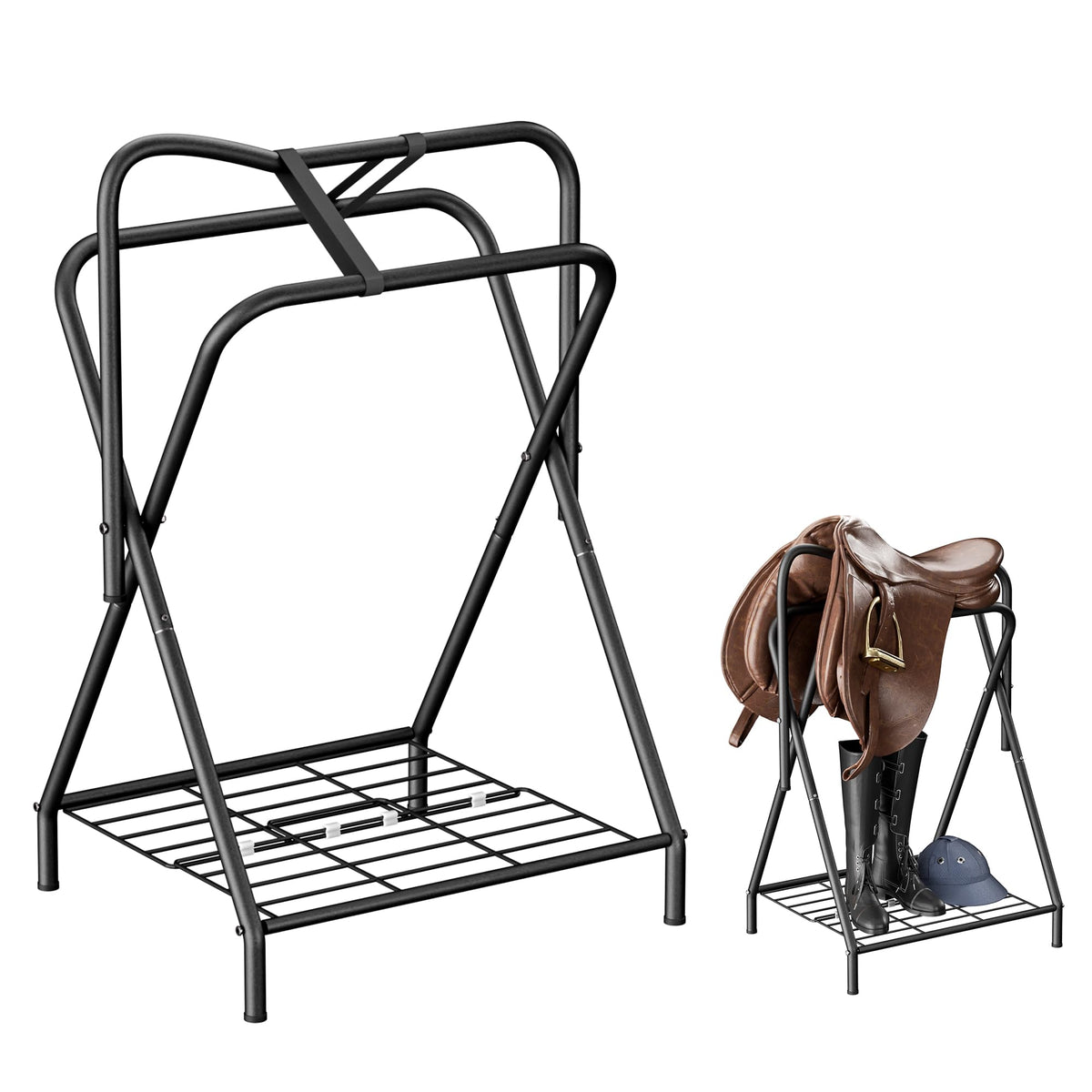 Foldable Saddle Rack with Storage Shelf, Black Z1263