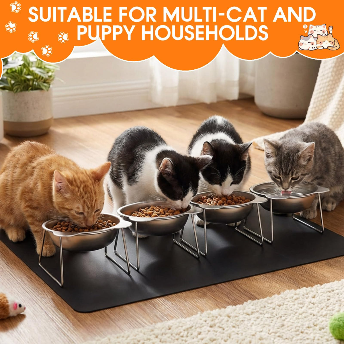 4 Set Elevated Stainless Steel Cat Food Water Bowls C9314