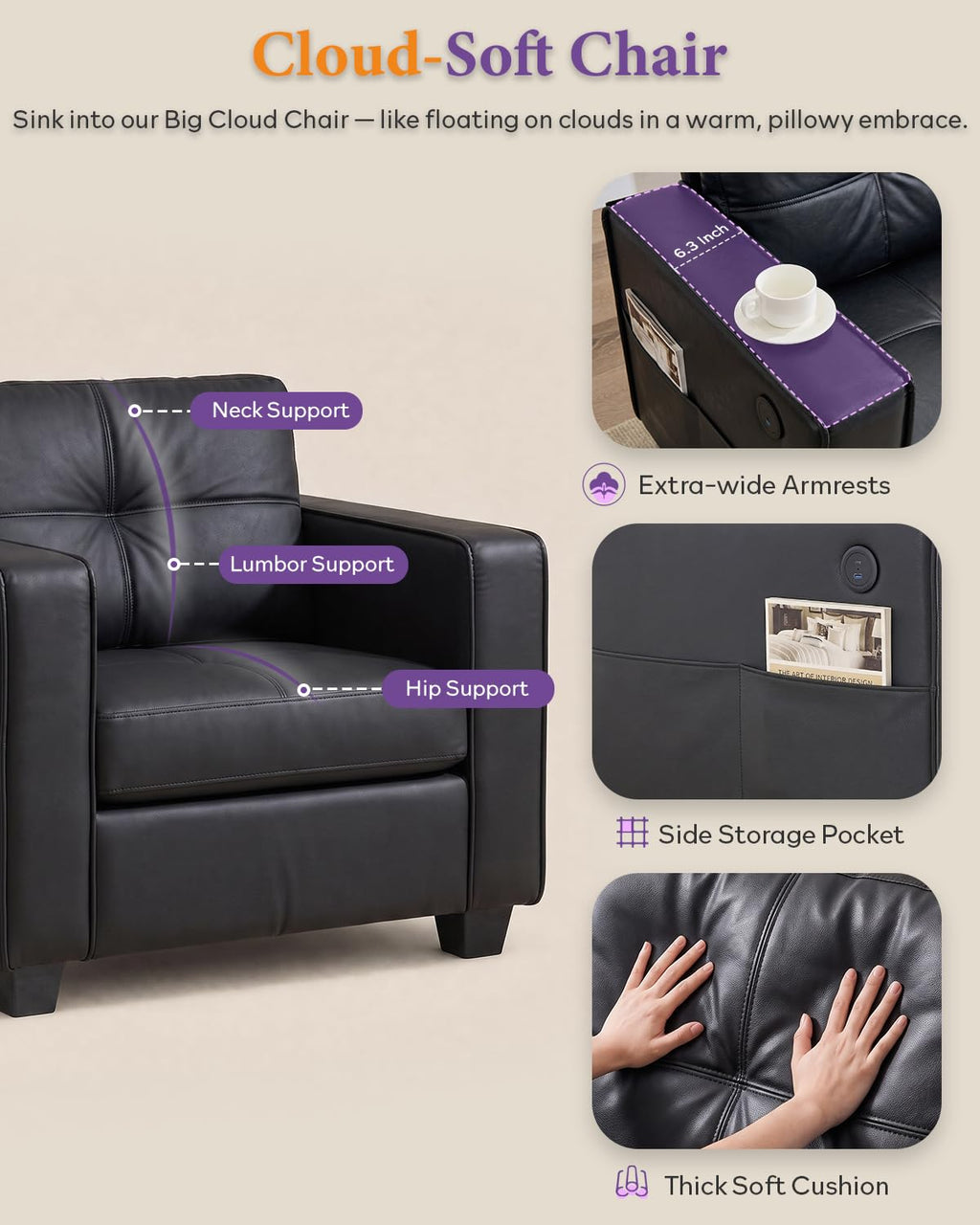 Black Faux Leather Oversized Tufted Accent Chair R927448
