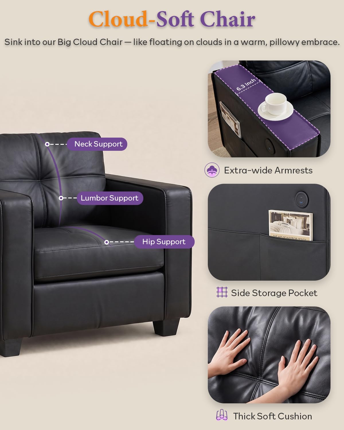 Black Faux Leather Oversized Tufted Accent Chair R927448