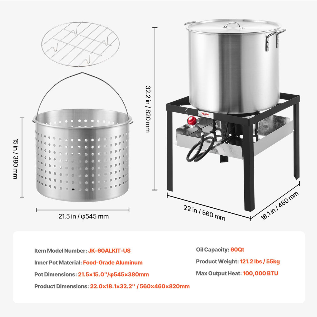 60 Qt Aluminum Seafood Boiling Pot with Strainer and Burner D7923