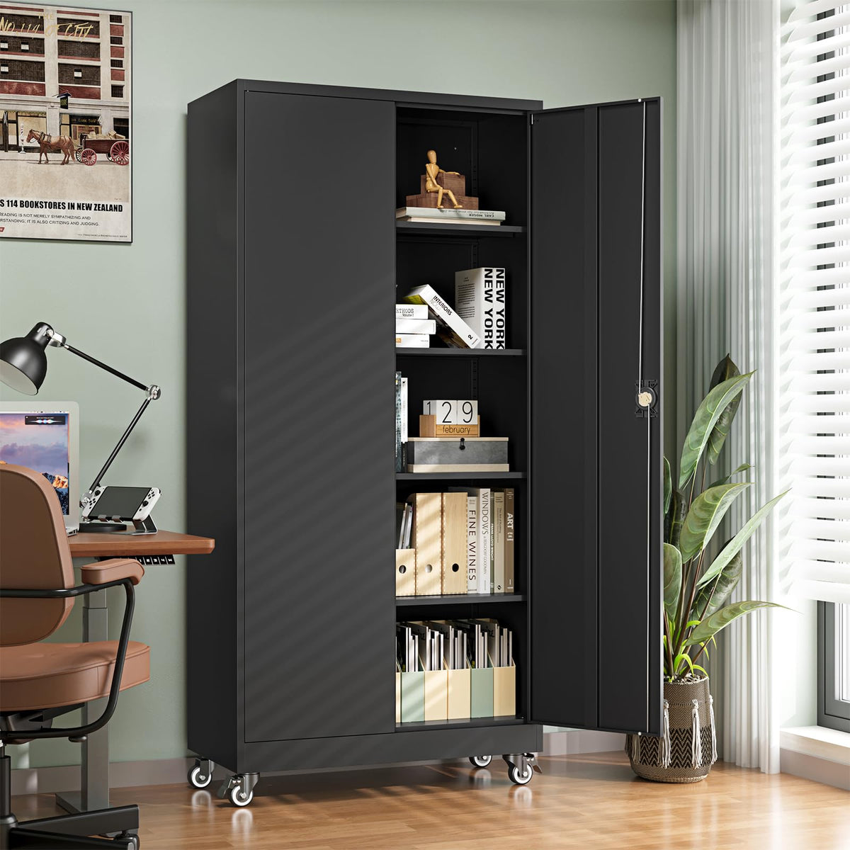 Metal Garage Storage Cabinets with Wheels, Locking Door and Adjustable Shelves (Black, 74.41" H) E7277