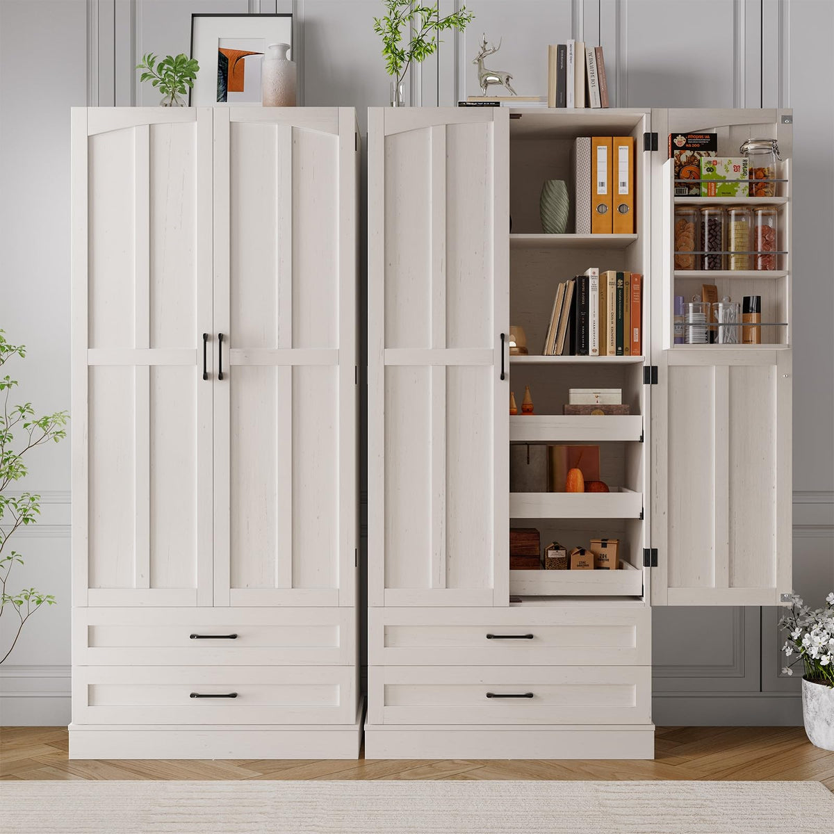 71" Off-White Kitchen Pantry Cabinet with 3 Pull-Out Shelf & 2 Drawer L5150