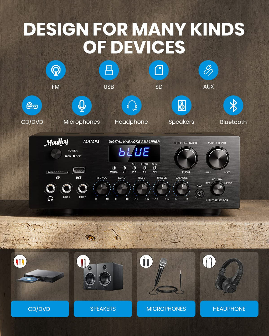 Bluetooth Stereo Receiver Amplifier with USB SD AUX RCA MIC, 400W Peak G16326
