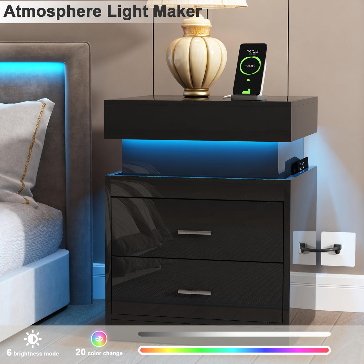 LED Nightstand with Charging Station and Sliding Storage F408