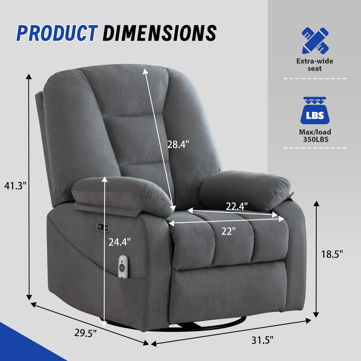 Power Swivel Rocker Recliner Chair with Massage and Heat, Gray L834165