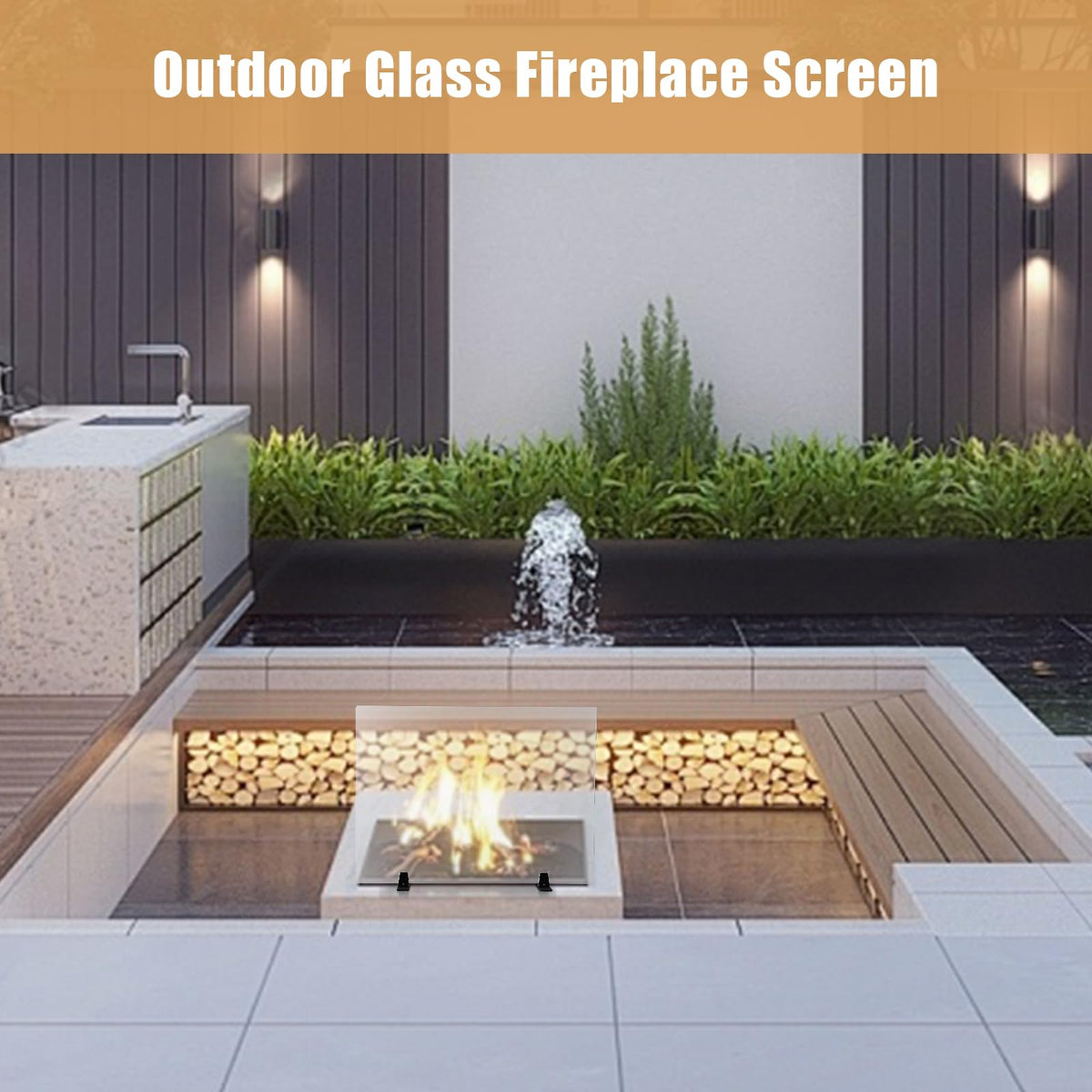 36 Inch Tempered Glass Fireplace Screen with Metal Black Base O414