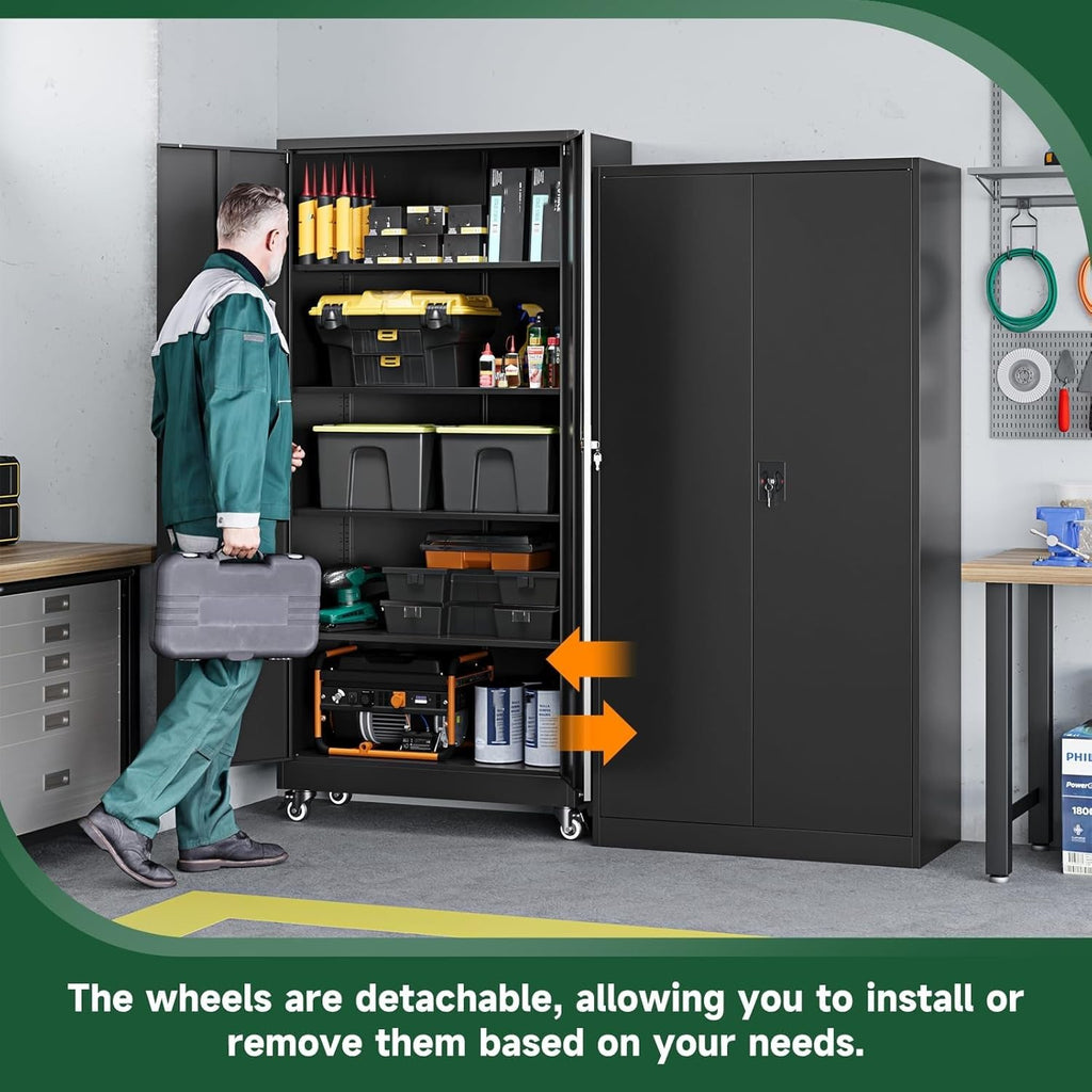 Metal Garage Storage Cabinets with Wheels, Locking Door and Adjustable Shelves (Black, 74.41" H) E7277