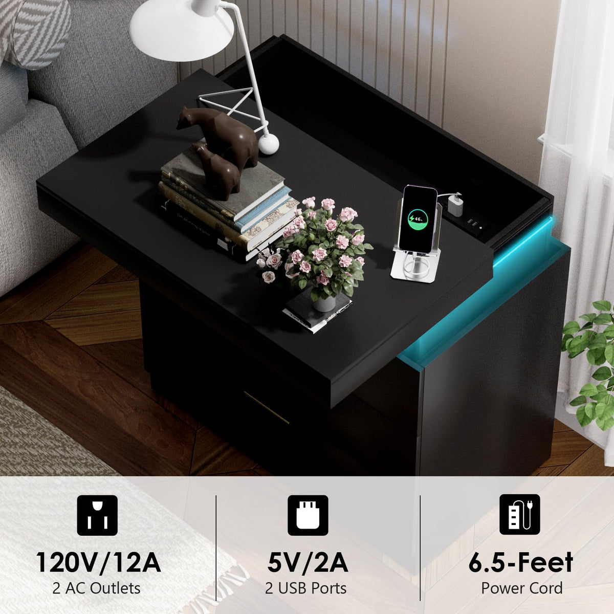Black Nightstand with Charging Station and LED Lights Q6573