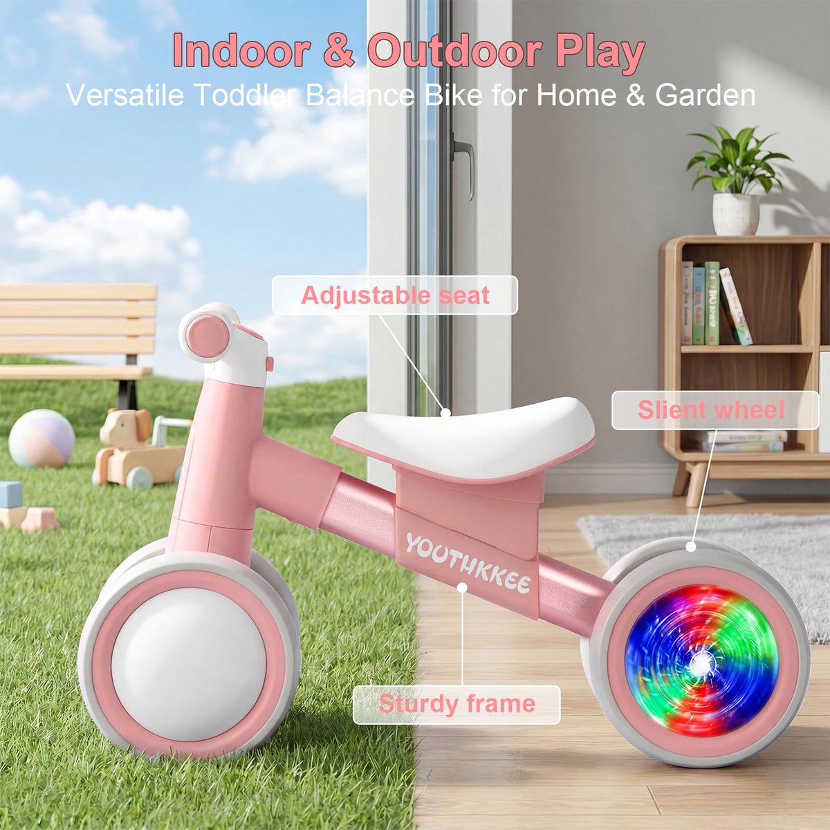 Baby Balance Bike for 1-2 Year Old Toddlers, 4-Wheel with Colorful Light Y98775