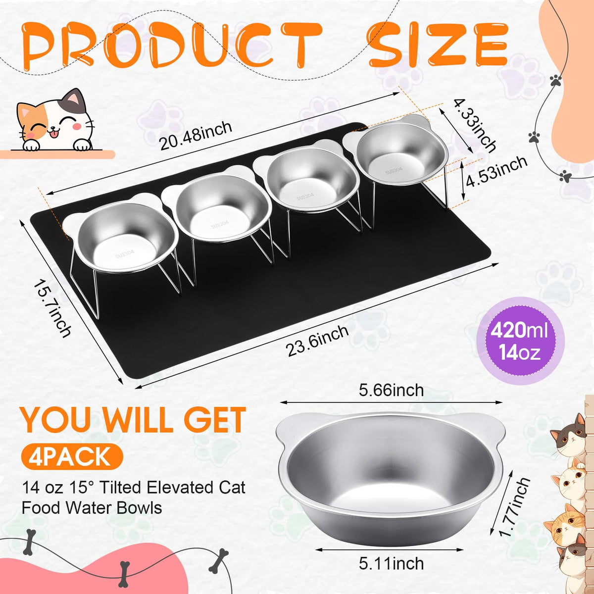 4 Set Elevated Stainless Steel Cat Food Water Bowls C9314
