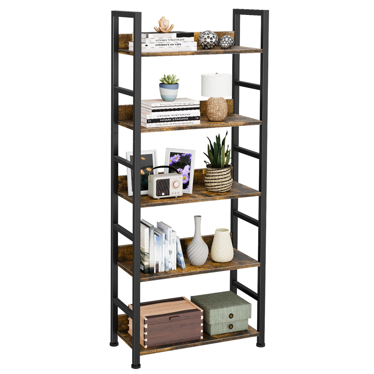5 Tier Wood and Black Metal Bookshelf R87915