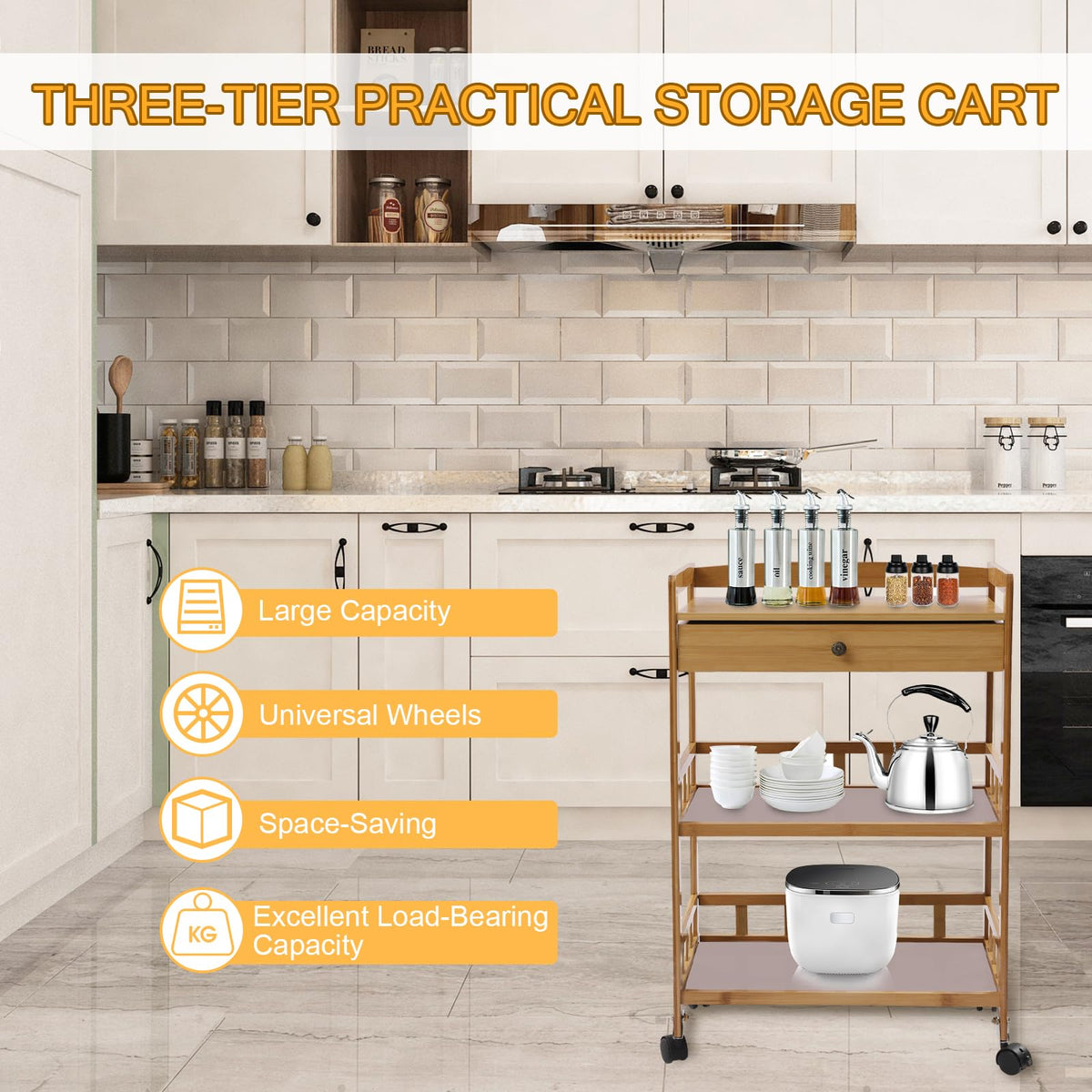 3-Tier Bamboo Kitchen Cart with Drawer W472744