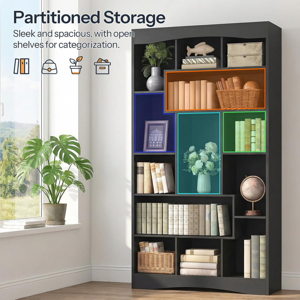 6-Tier Black Bookshelf with Open Shelves T10646