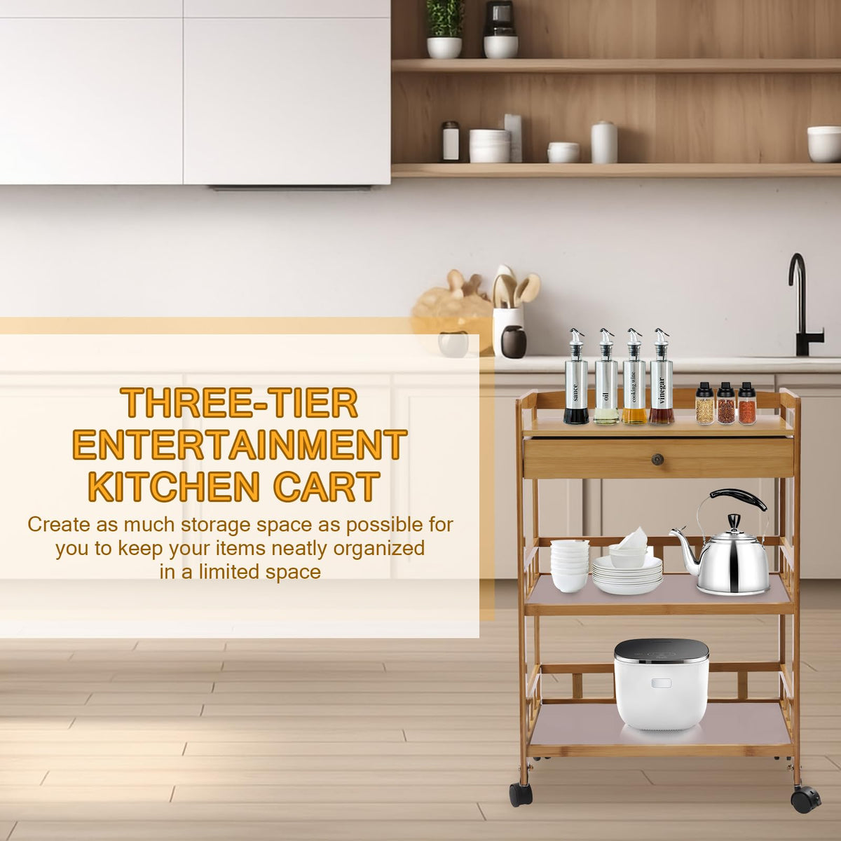 3-Tier Bamboo Kitchen Cart with Drawer W472744