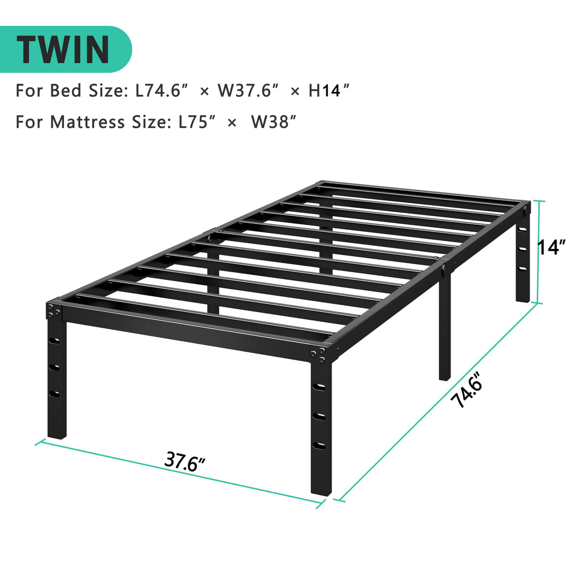 14 Inch Tall Black Metal Platform Twin Size Bed Frame F2379