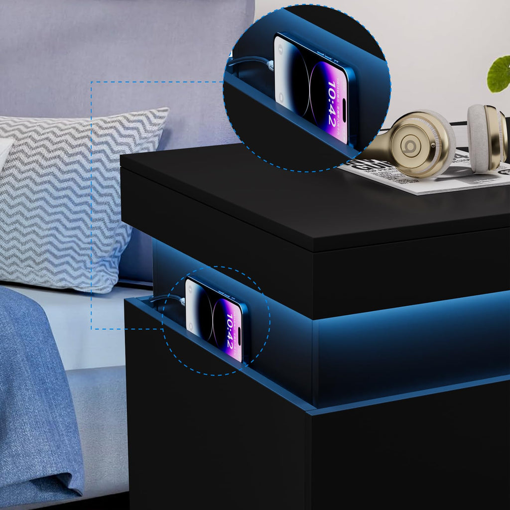 Black Nightstand with Charging Station and LED Lights Q6573