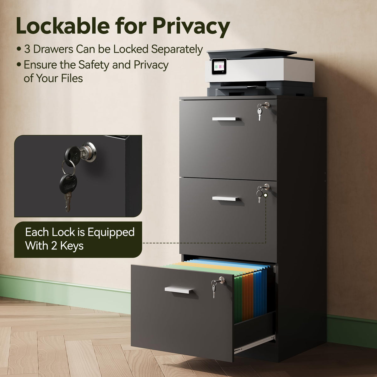3 Drawer Wood File Cabinet with Lock V33998