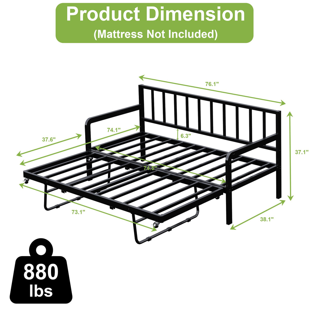 Twin Daybed with Pop Up Trundle, Metal Steel Slats, Black V878433