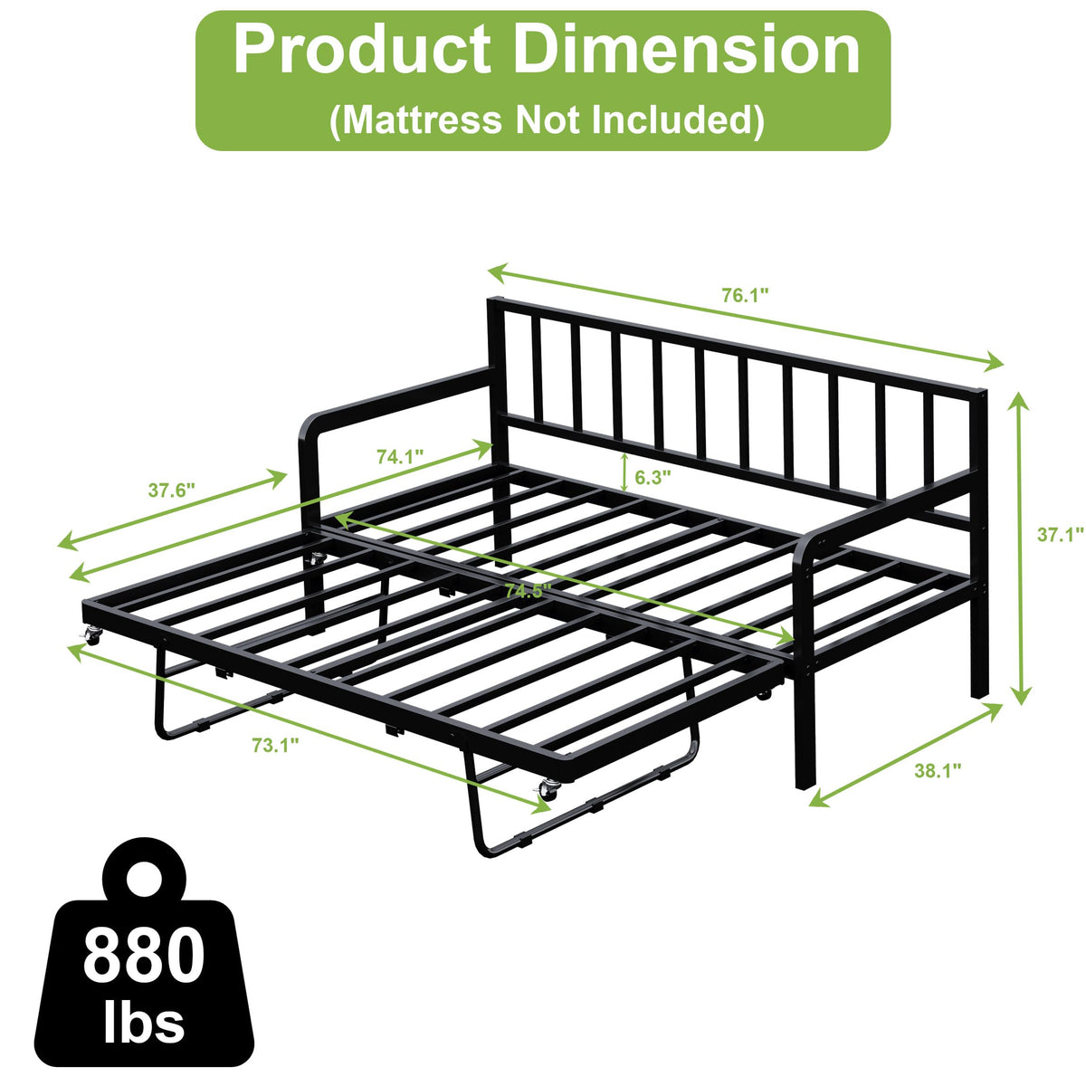 Twin Daybed with Pop Up Trundle, Metal Steel Slats, Black V878433