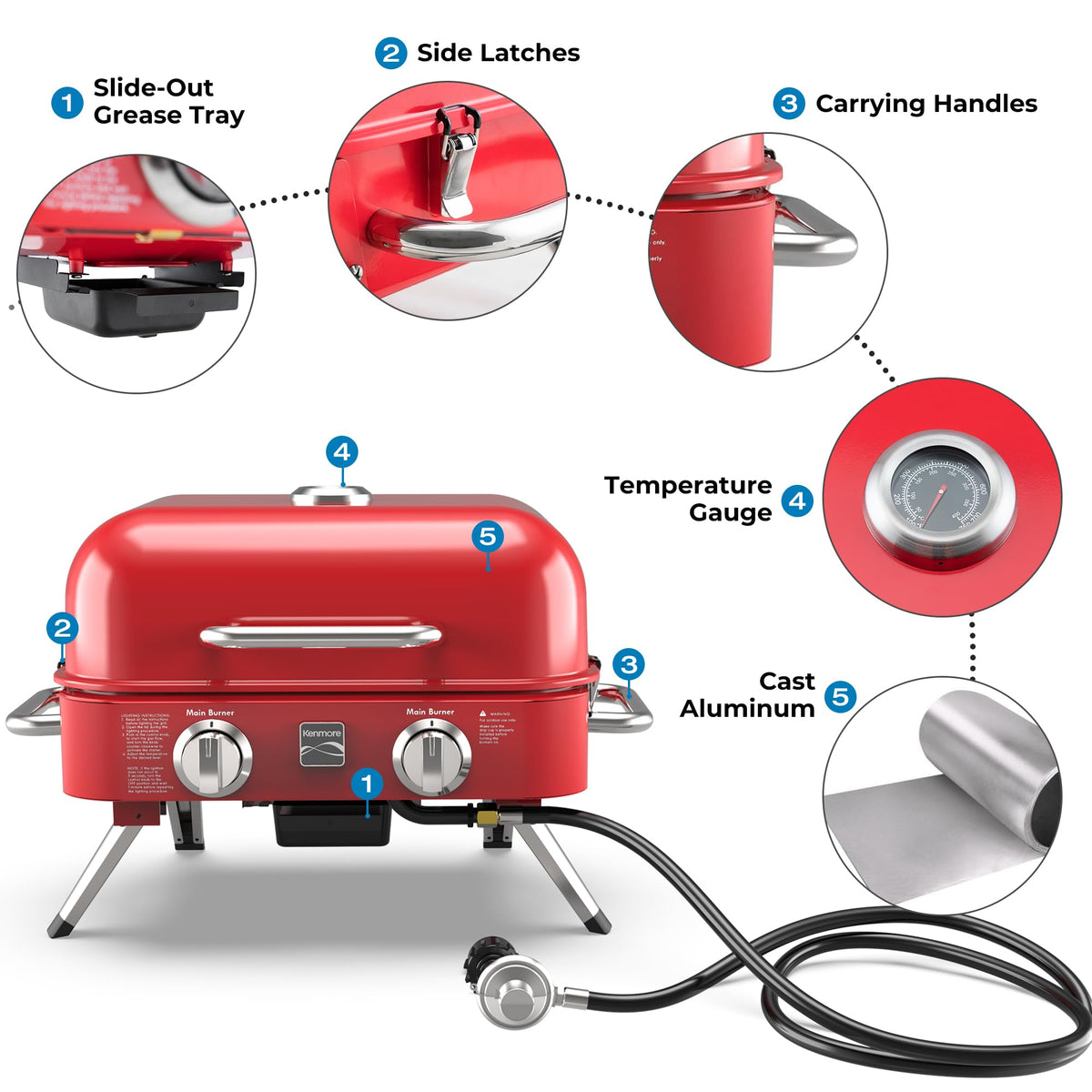 Portable Propane Gas Grill with Warming Rack, 2 Stainless Steel Burners, 14,000 BTUs, Red A569