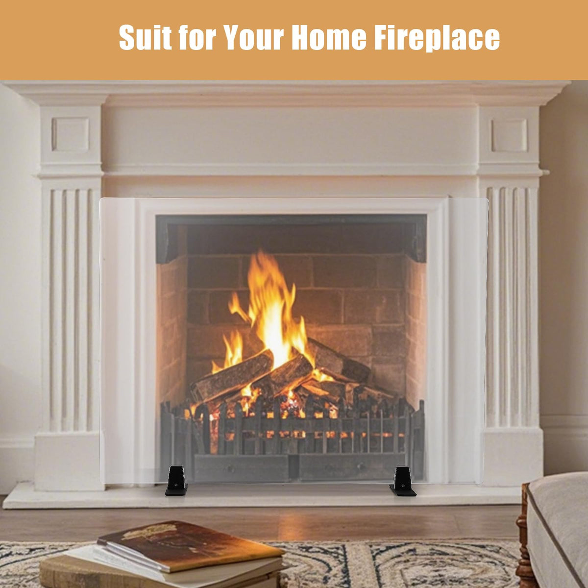 36 Inch Tempered Glass Fireplace Screen with Metal Black Base O414