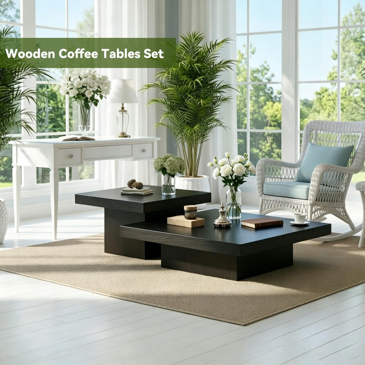 Coffee Table Set of 2 Square Wood Legs Q785499