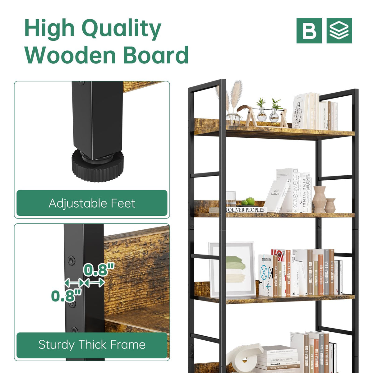 5 Tier Wood and Black Metal Bookshelf R87915
