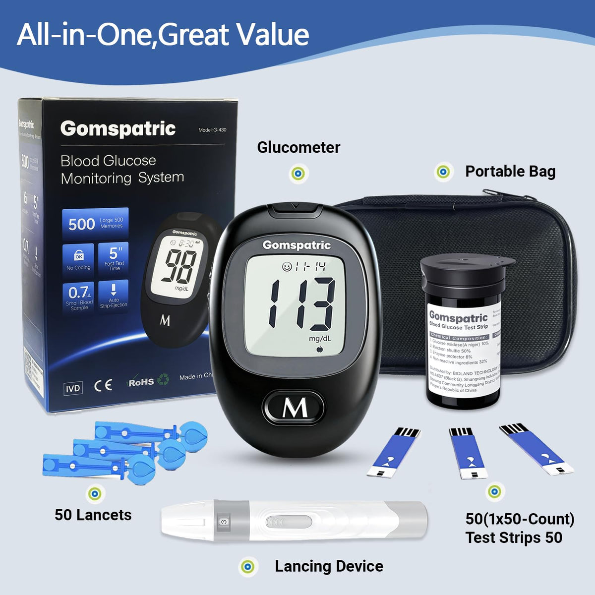 Blood Glucose Monitor Kit with 50 Test Strips and 50 Lancets T975877