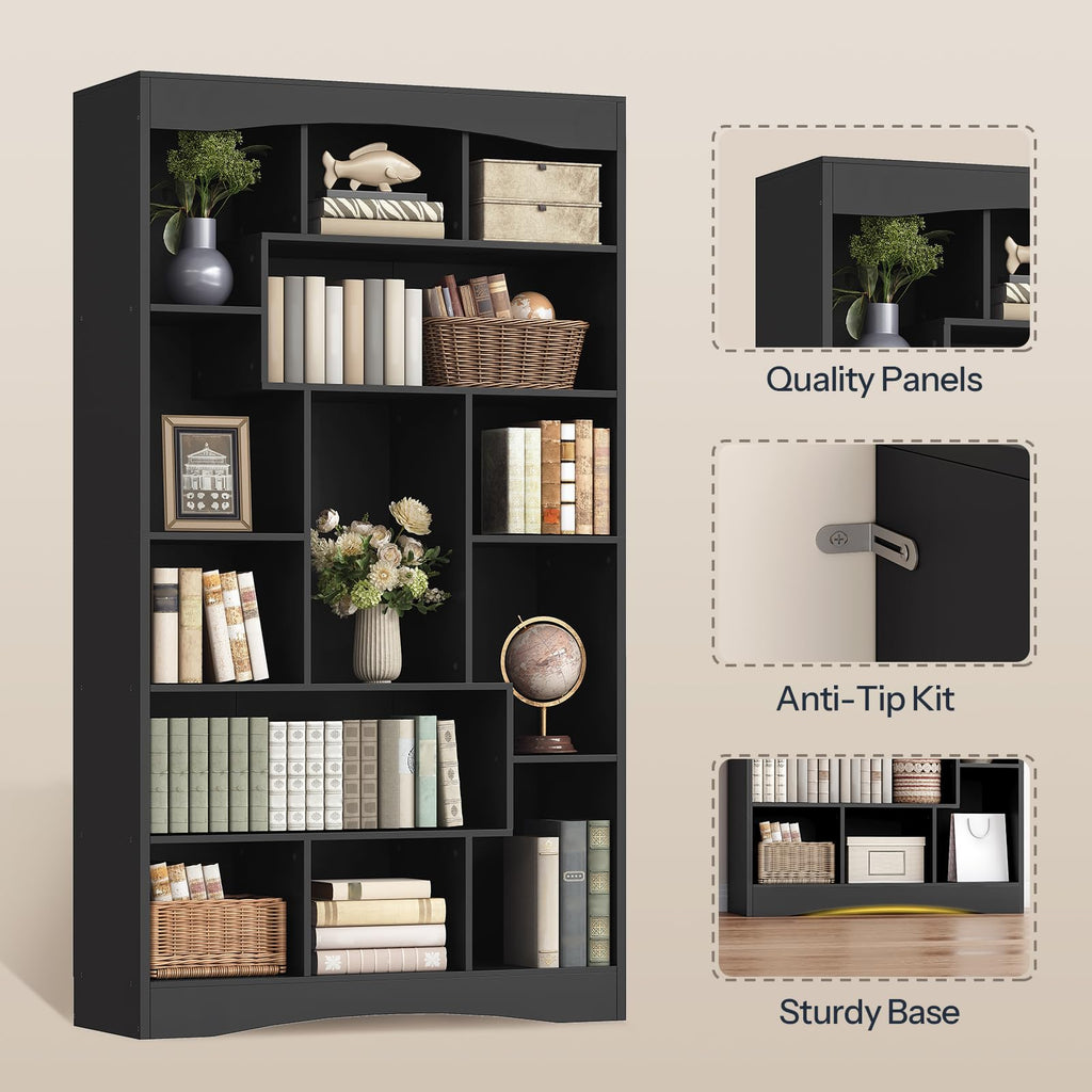 6-Tier Black Bookshelf with Open Shelves T10646