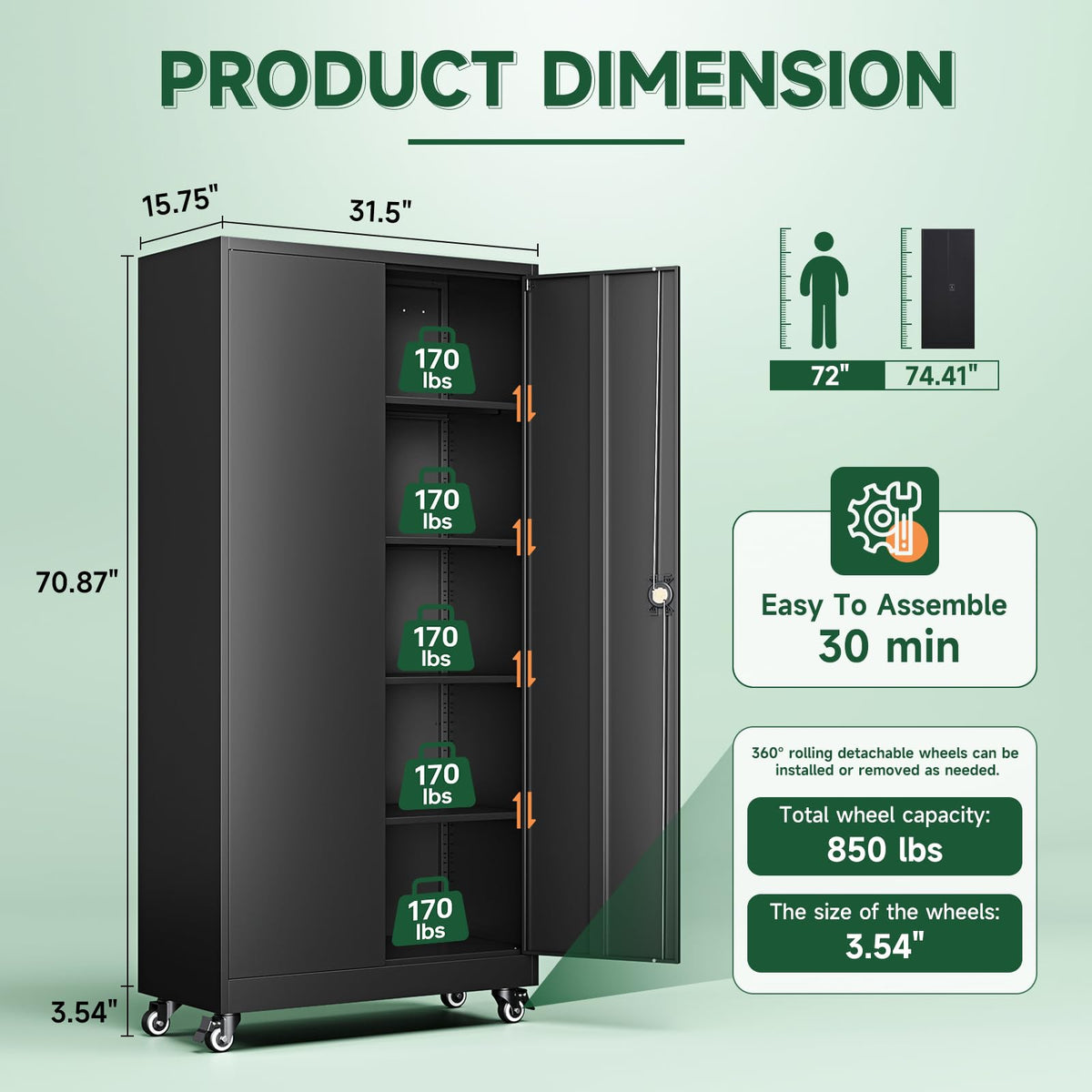 Metal Garage Storage Cabinets with Wheels, Locking Door and Adjustable Shelves (Black, 74.41" H) E7277